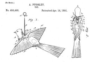 Among Abraham Pugsley’s inventions were “Toy Bird,” 1891, courtesy of the U.S. Patent Office