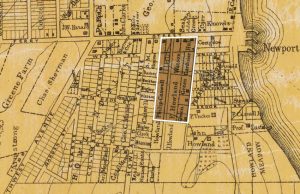 Camp Mead – Approximate – Map of Conanicut Island-Watson-1875.jpg Approximate location of Camp Meade shown against the 1875 map of Conanicut Island compiled by William Dame of Newport and published by Daniel Watson, a Jamestown and Newport realtor. (Detail of copy in New York Public Library)