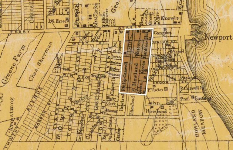 Camp Mead – Approximate – Map of Conanicut Island-Watson-1875.jpg Approximate location of Camp Meade shown against the 1875 map of Conanicut Island compiled by William Dame of Newport and published by Daniel Watson, a Jamestown and Newport realtor. (Detail of copy in New York Public Library)