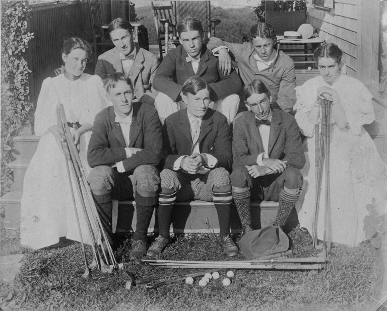 Conanicut Golf Club golfers in 1896. Elsie Bleecker, the woman on the far right, is listed as a member of the Conanicut Golf Club in 1896. The others in the photographs are unidentified.