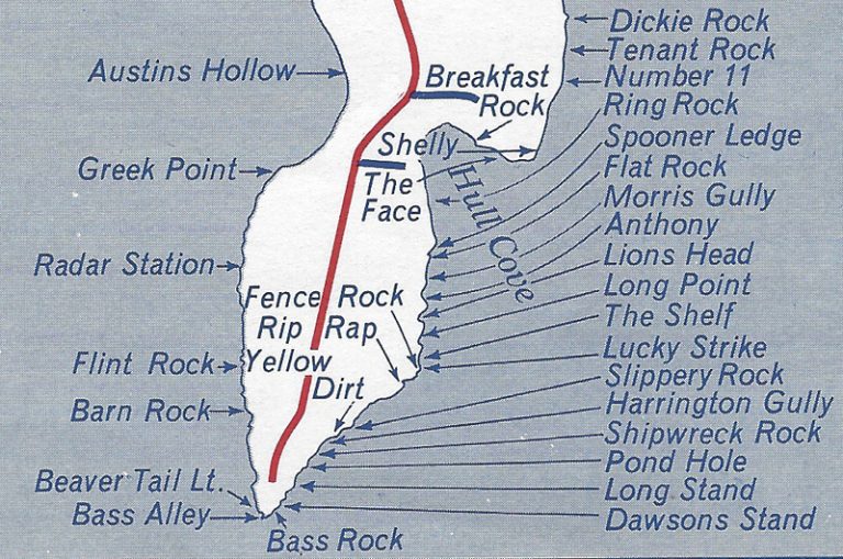 Favorite fishing spots around the Beavertail peninsula were given names