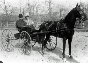Preston E. Peckham and his wife, Catherine, taking a chilly winter carriage ride. Participating in horse competition, pigeon races, and carriage parades, Preston, born in 1884, was considered one of the most colorful turn-of-the-century characters in Jamestown.
