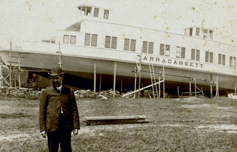 Stillman Saunders with his almost completed steam ferry Narragansett