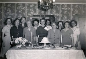 Left to right: Nancy Peters, Shirley Whitehead, Maxime VonShade Clark, Jennie Clarke, Ellen “Midge” Matoes Wright, Eva VonShade, Genevieve Matoes Currie, Bess Sheehan, Millie Cullen, Harriet Beers, Dorothy Matoes Nunes. Photo taken in the Beers house #23