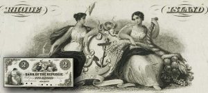 The Roman goddess Ceres (right) holds a cornucopia and shaft of grain on the 1856 $2 bank note of Rhode Island. (Courtesy of Heritage Auctions)