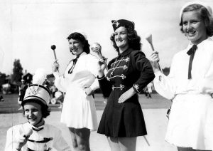 The baton twirlers always attracted the most attention. Left to right standing- Lee Bowen, Norma Moll, Debra West. (in front) Barbara Carlos.