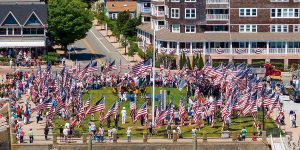The coffin flags of Jamestown veterans fly in Veterans Square on Memorial Day in memory of all the Jamestown men and women who have served our country