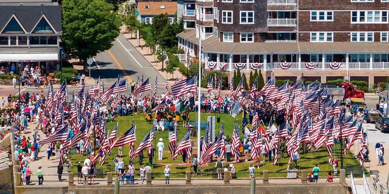 The coffin flags of Jamestown veterans fly in Veterans Square on Memorial Day in memory of all the Jamestown men and women who have served our country