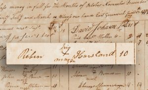 The mark of Robin Howland on a U.S. Army payroll record in June 1779. After fighting in Yorktown, he died of smallpox in 1781. COURTESY OF HERITAGE AUCTIONS